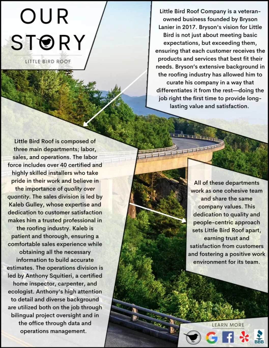 Brochure: Little Bird Boat Company's story. Text overlaid on a scenic bridge with greenery.