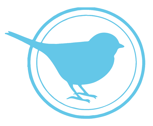 Blue bird silhouette inside a double-lined blue circle.