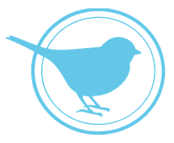 Blue bird silhouette inside a double-lined blue circle.