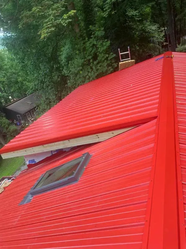Red metal roof with a skylight and a chimney against a background of green trees.
