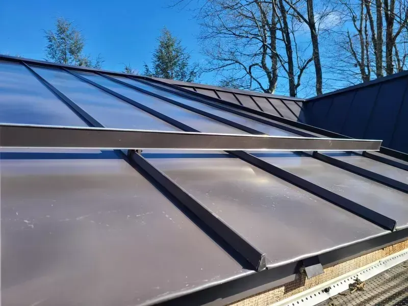 Dark metal roof with raised seams against a blue sky.