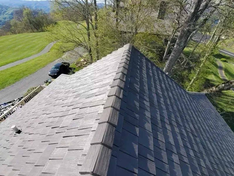 Gray shingled roof of a house with trees and a black car in the background.