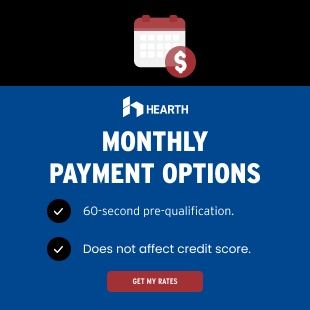 Hearth ad: blue background with white text, calendar and dollar sign. Offers monthly payment options, 60-second pre-qualification.