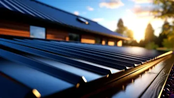 Man on a gray shingle roof, surrounded by green trees.