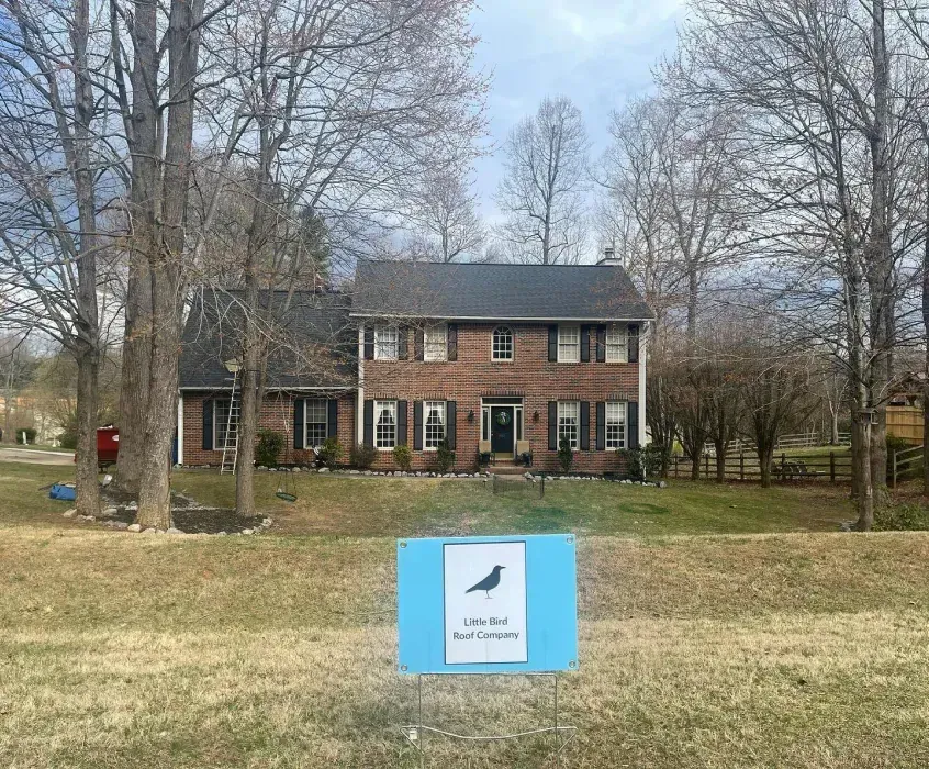 Blue sign with bird logo in front of a brick house with bare trees.