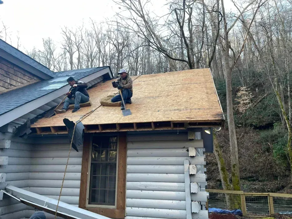 Two workers on a cabin roof replacing wood. One holds a tool, the other sits. Trees are in the background.