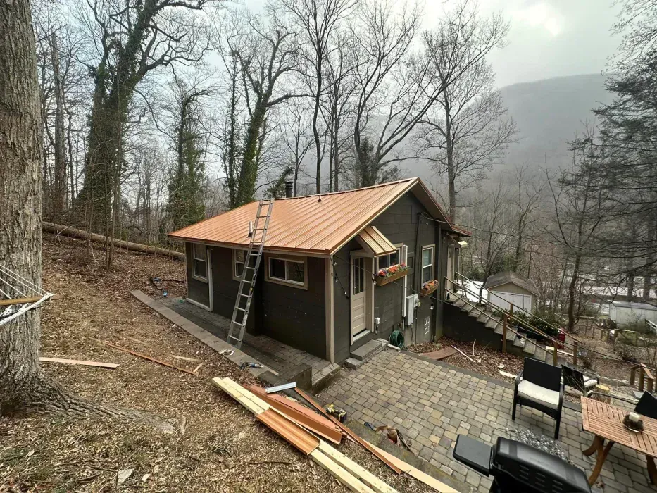 Cottage with brown roof, green siding, a ladder, and a paved patio in a wooded area.