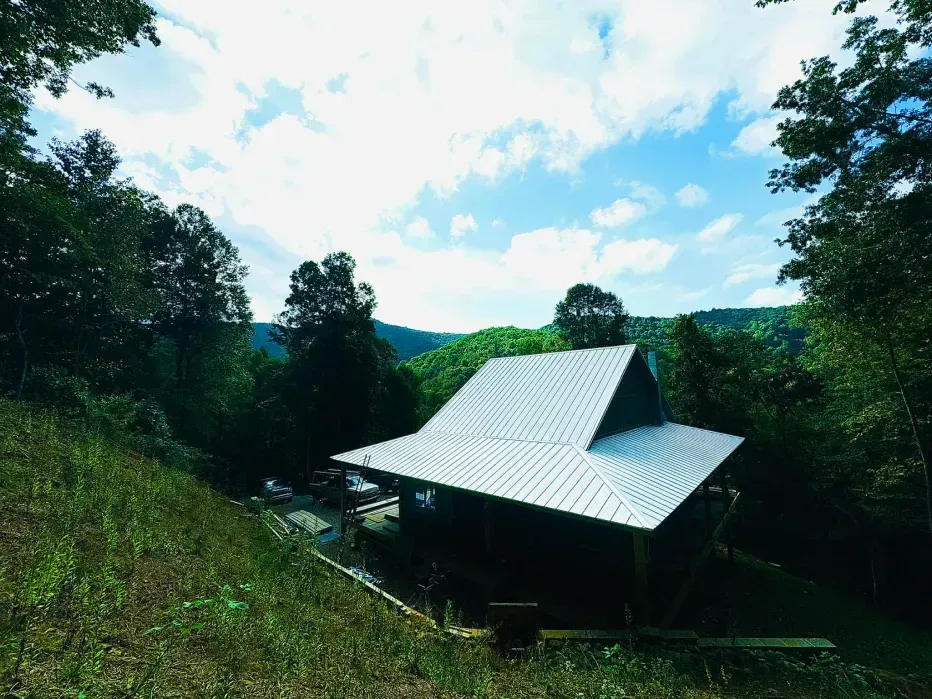 Cabin with metal roof nestled in a green forest on a sunny day.