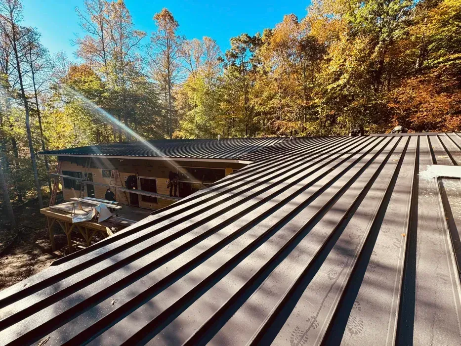 Close-up view of a metal roof with a wood-framed building in the background surrounded by autumn trees.