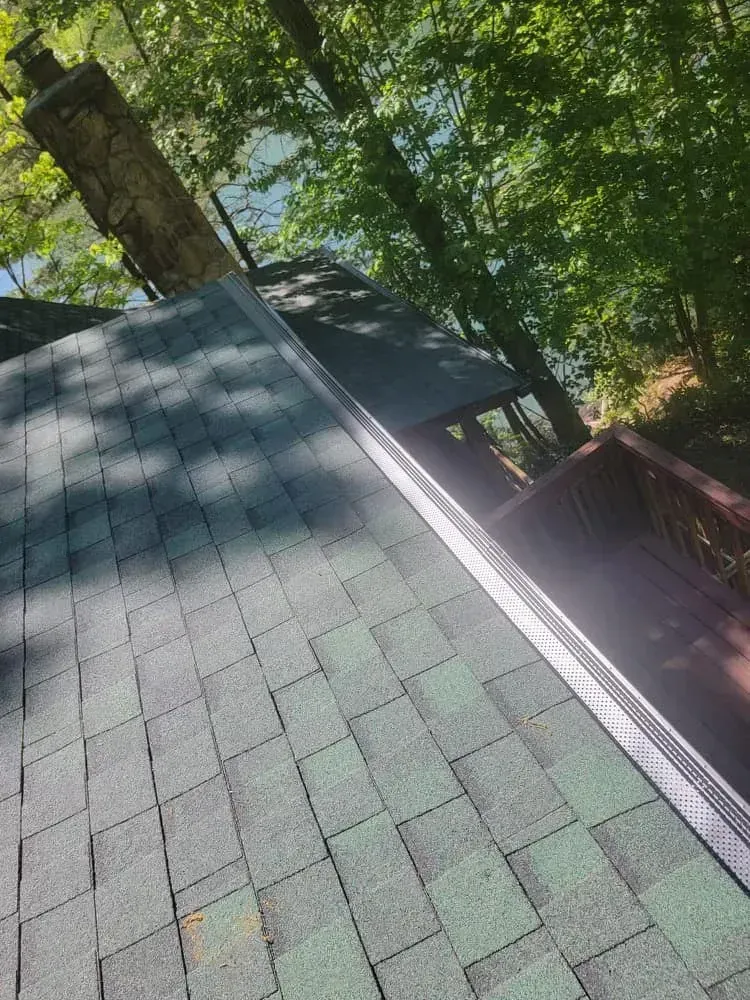 Green shingled roof with a chimney and flashing, set against a backdrop of trees and a body of water.