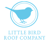 Blue bird silhouette within a circle logo; "Little Bird Roof Company" text below.