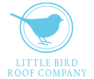 Blue bird silhouette within a circle logo; "Little Bird Roof Company" text below.