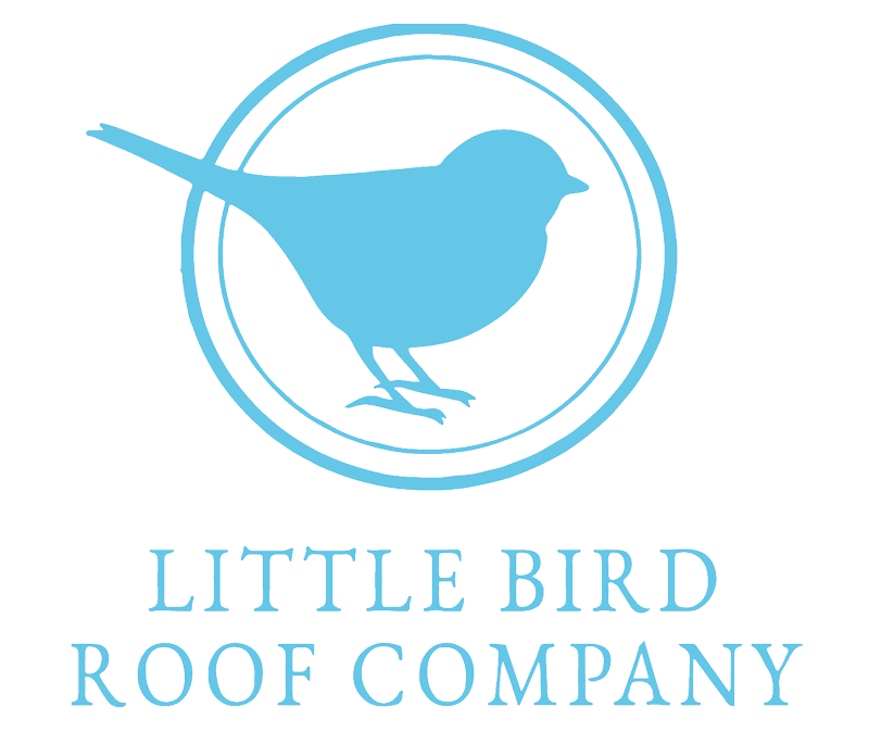 Blue bird silhouette within a circle logo; "Little Bird Roof Company" text below.