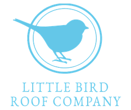 Blue bird silhouette within a circle logo; "Little Bird Roof Company" text below.