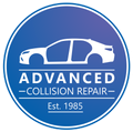 Blue circle logo with white car silhouette and text: "ADVANCED COLLISION REPAIR" "Est. 1985".