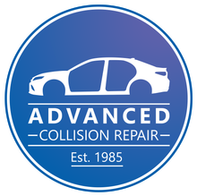 Blue circle logo with white car silhouette and text: "ADVANCED COLLISION REPAIR" "Est. 1985".
