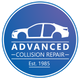 Blue circle logo with white car silhouette and text: "ADVANCED COLLISION REPAIR" "Est. 1985".