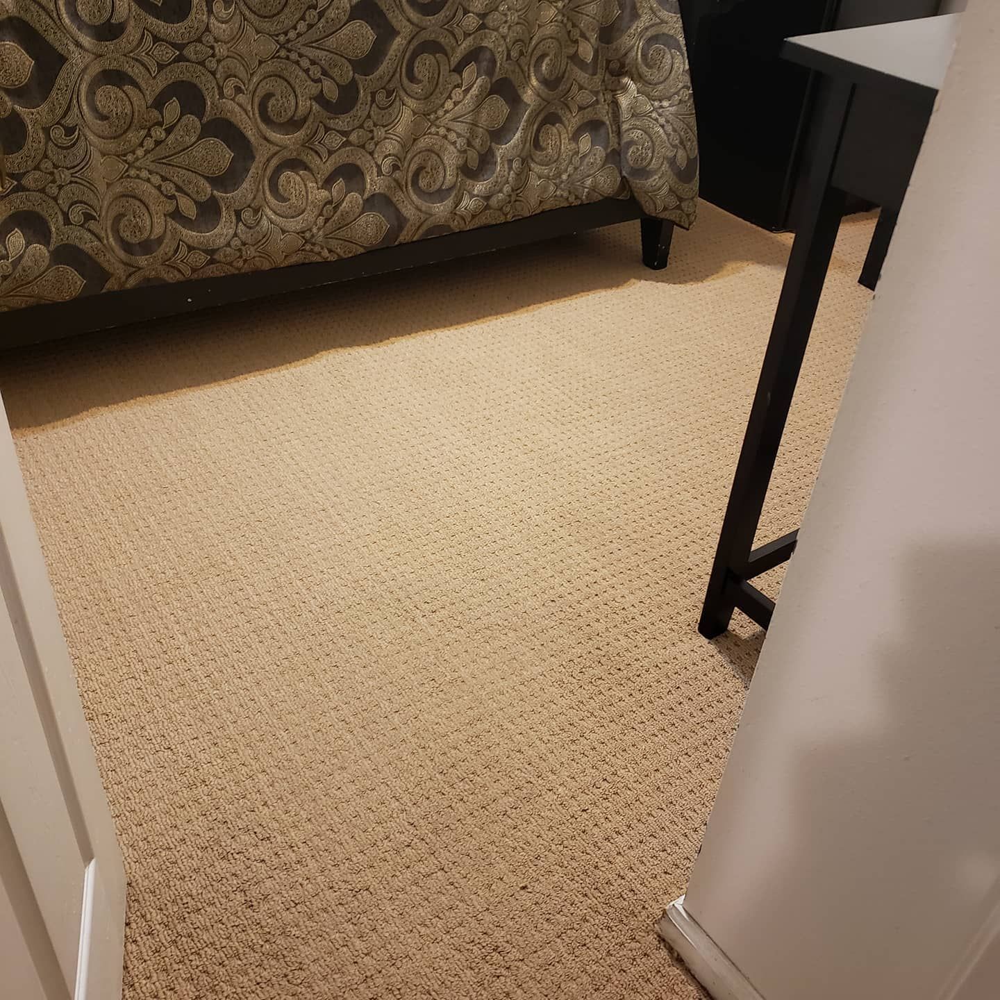 A bedroom with a carpeted floor and a bed