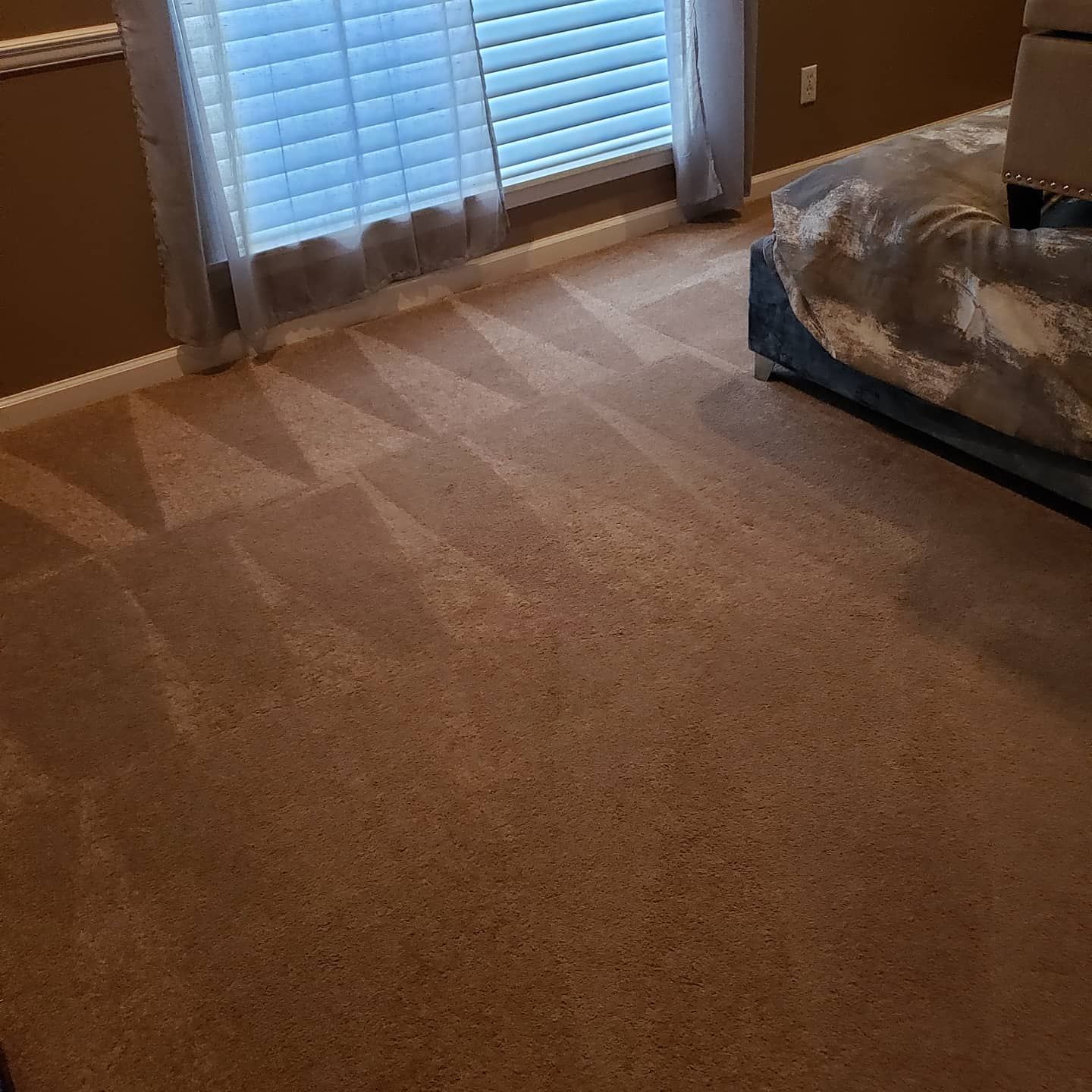 A bedroom with a bed , window and carpet.