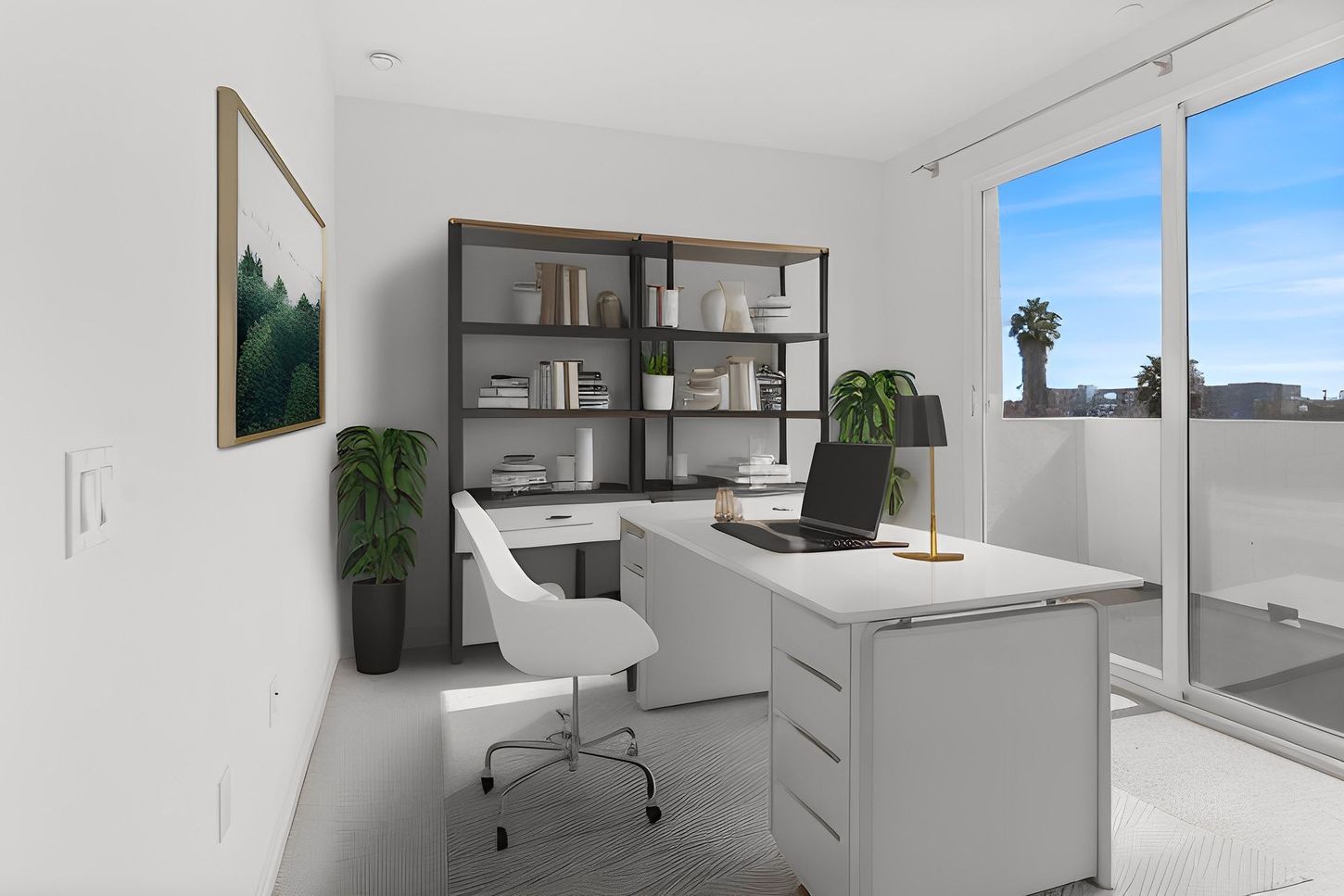 An artist 's impression of a home office with a desk and chair.