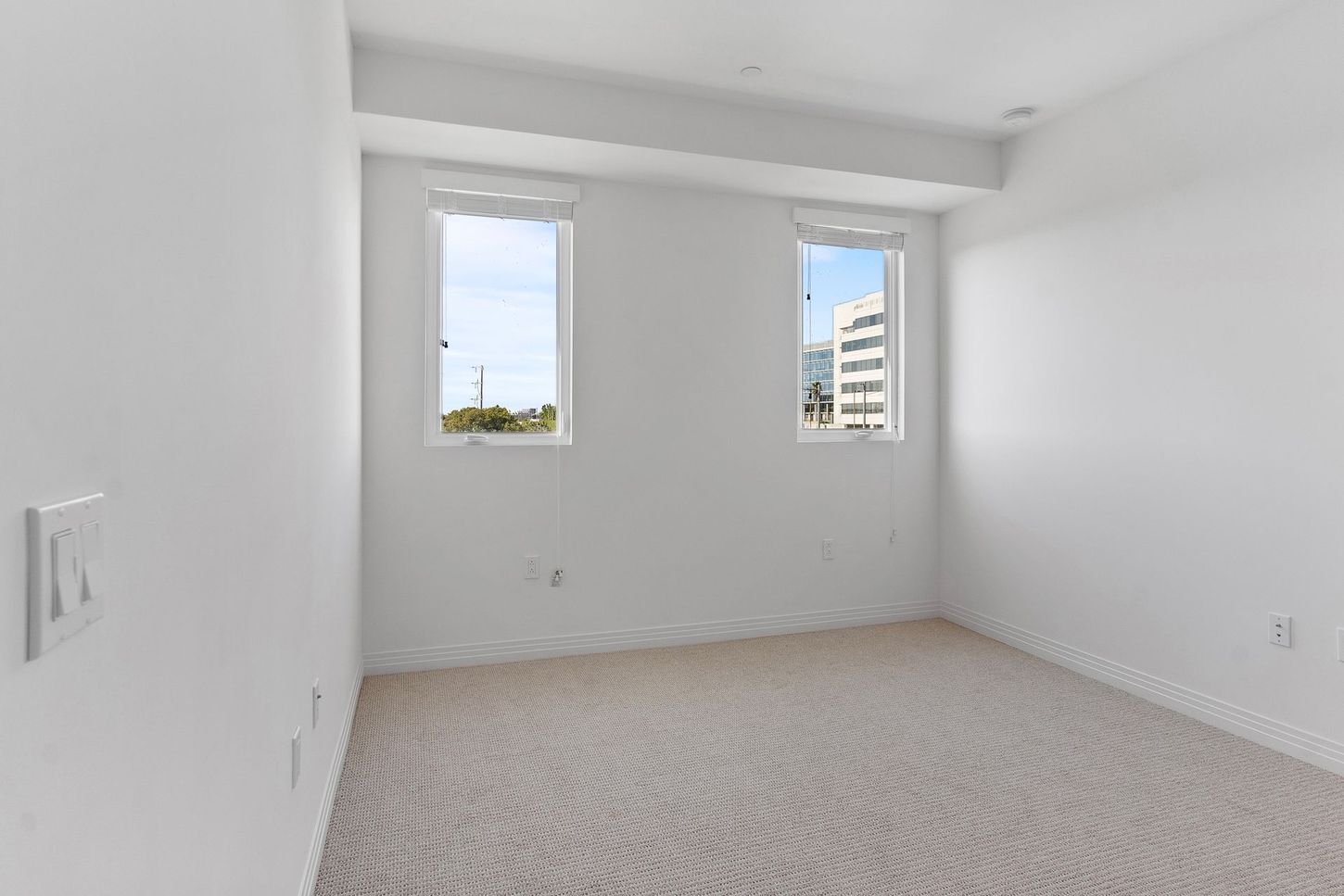 An empty bedroom with two windows and a carpeted floor.