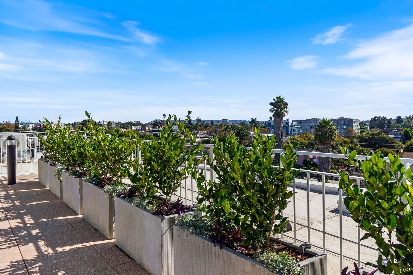 A row of planters on a balcony with a view of a city.