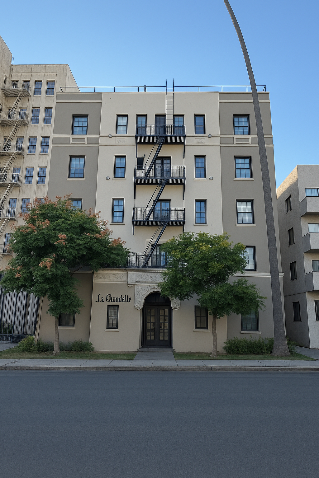Multi-story beige apartment building with black fire escapes, street view.