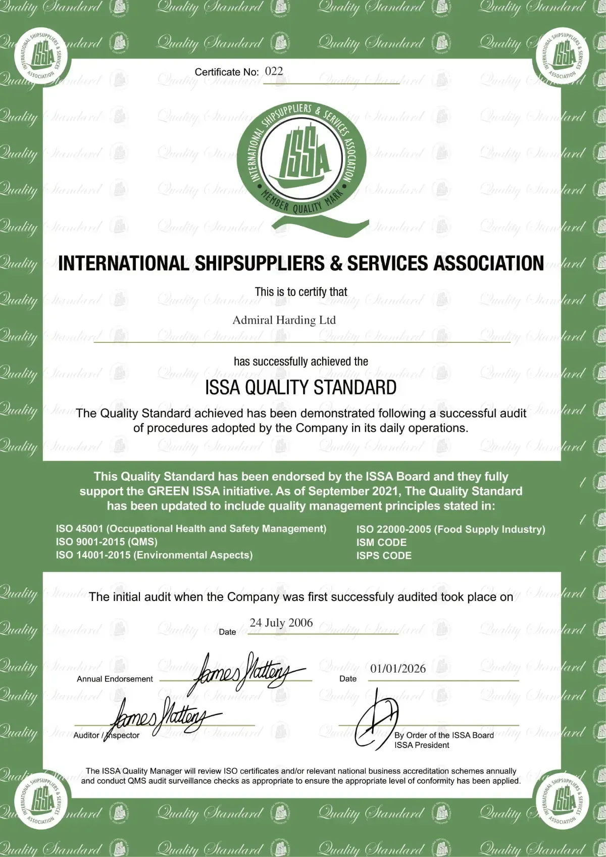 Admiral Harding Shipping Supplies | ISAA Quality Certificate