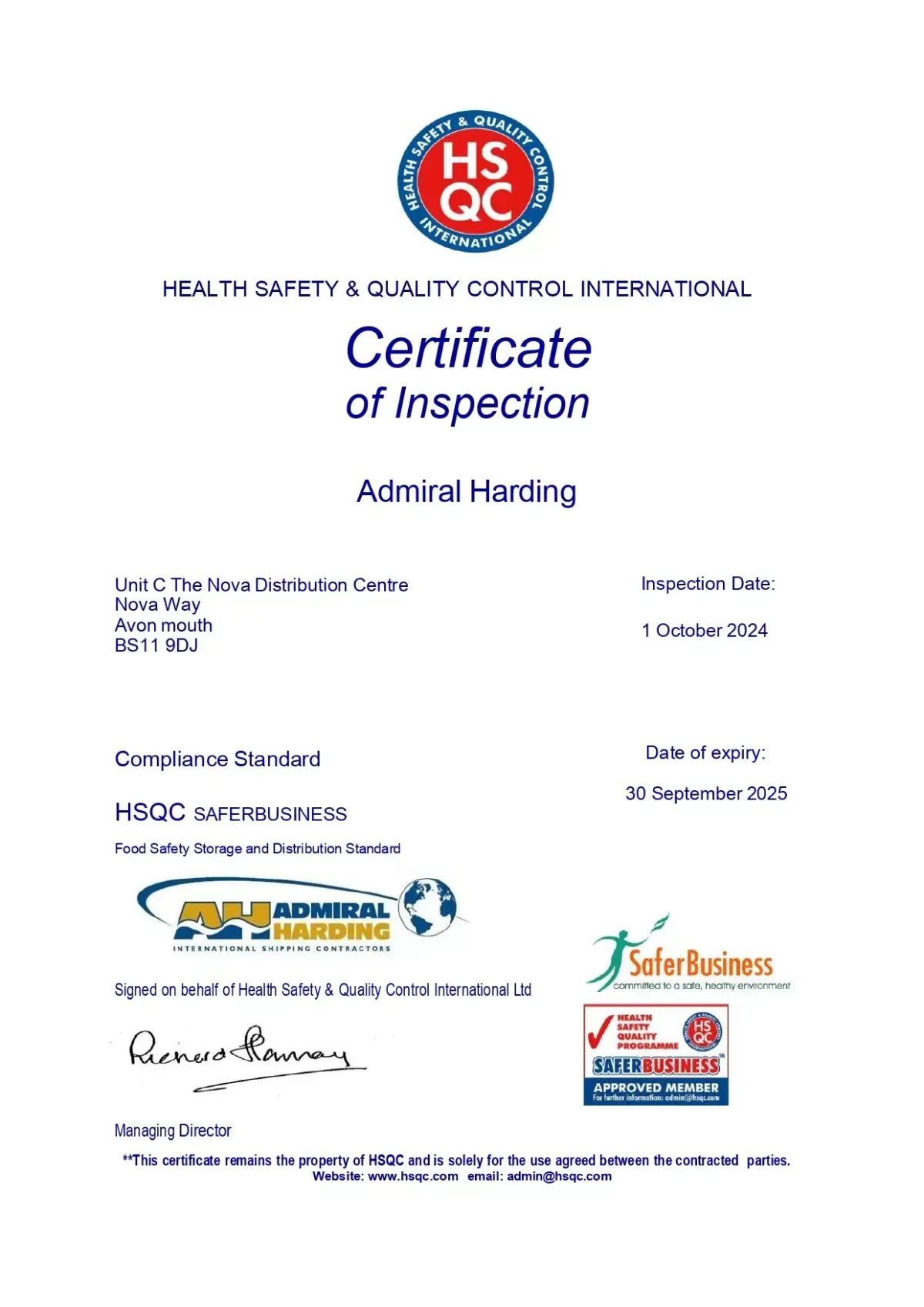 Admiral Harding Shipping Supplies | HACCP Certificate