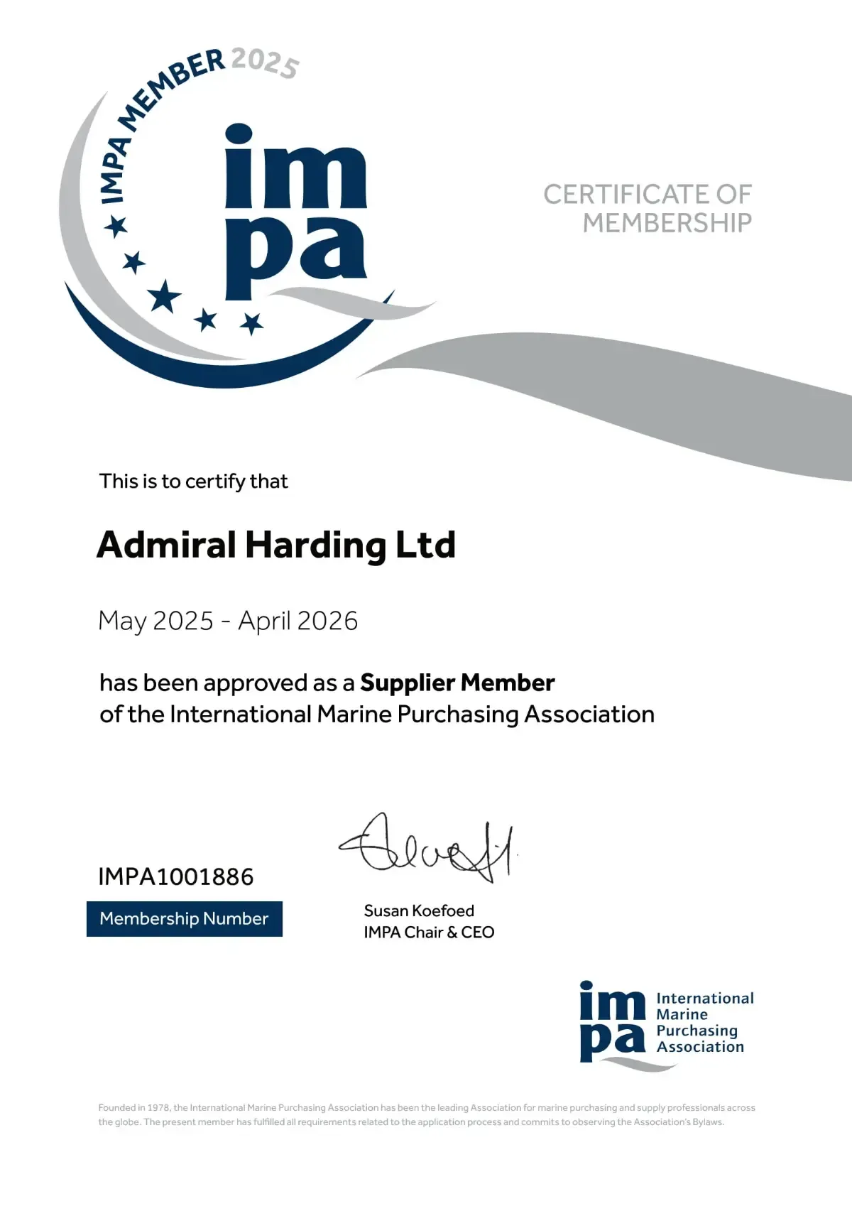 Admiral Harding Shipping Supplies | IMPA Certificate