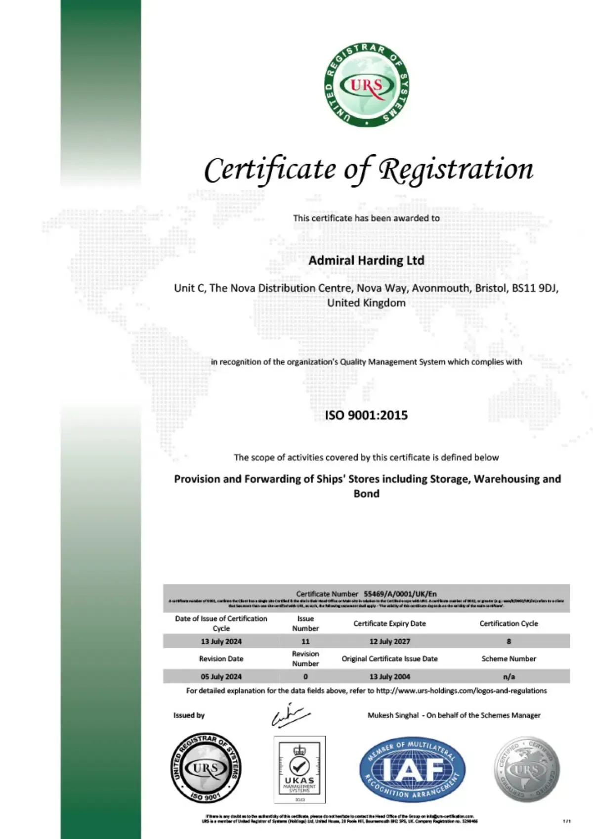 Admiral Harding Shipping Supplies | ISO9001 Certificate
