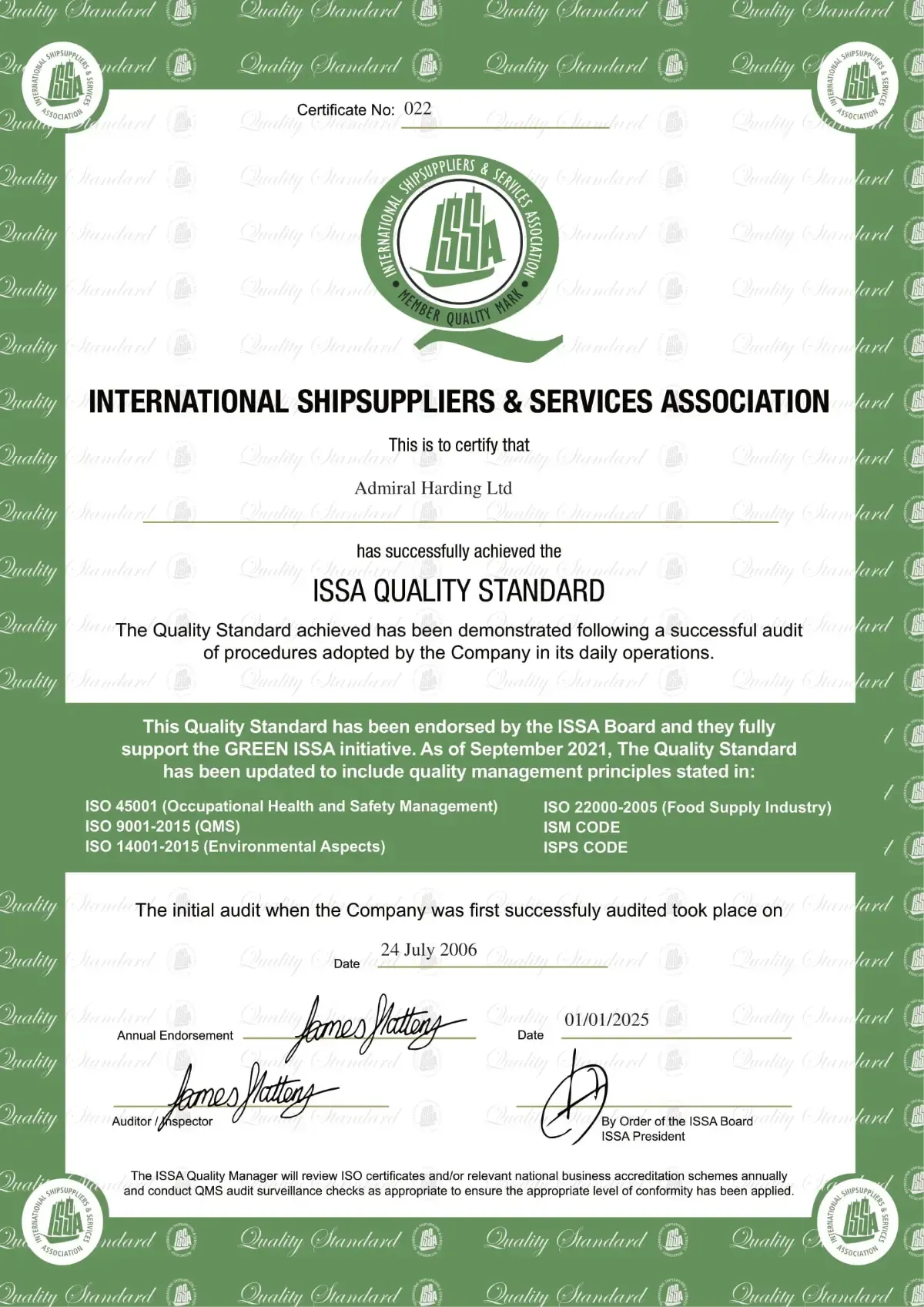 Admiral Harding Shipping Supplies | ISAA Quality Certificate