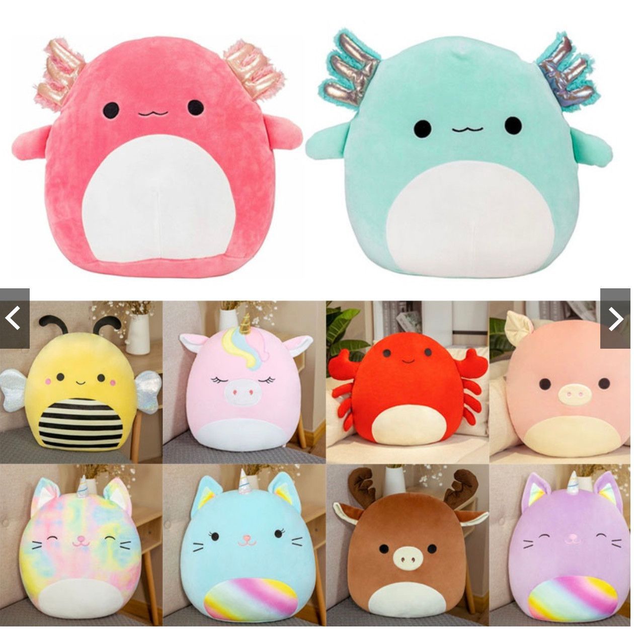 A collage of stuffed animals including an axolotl and a crab