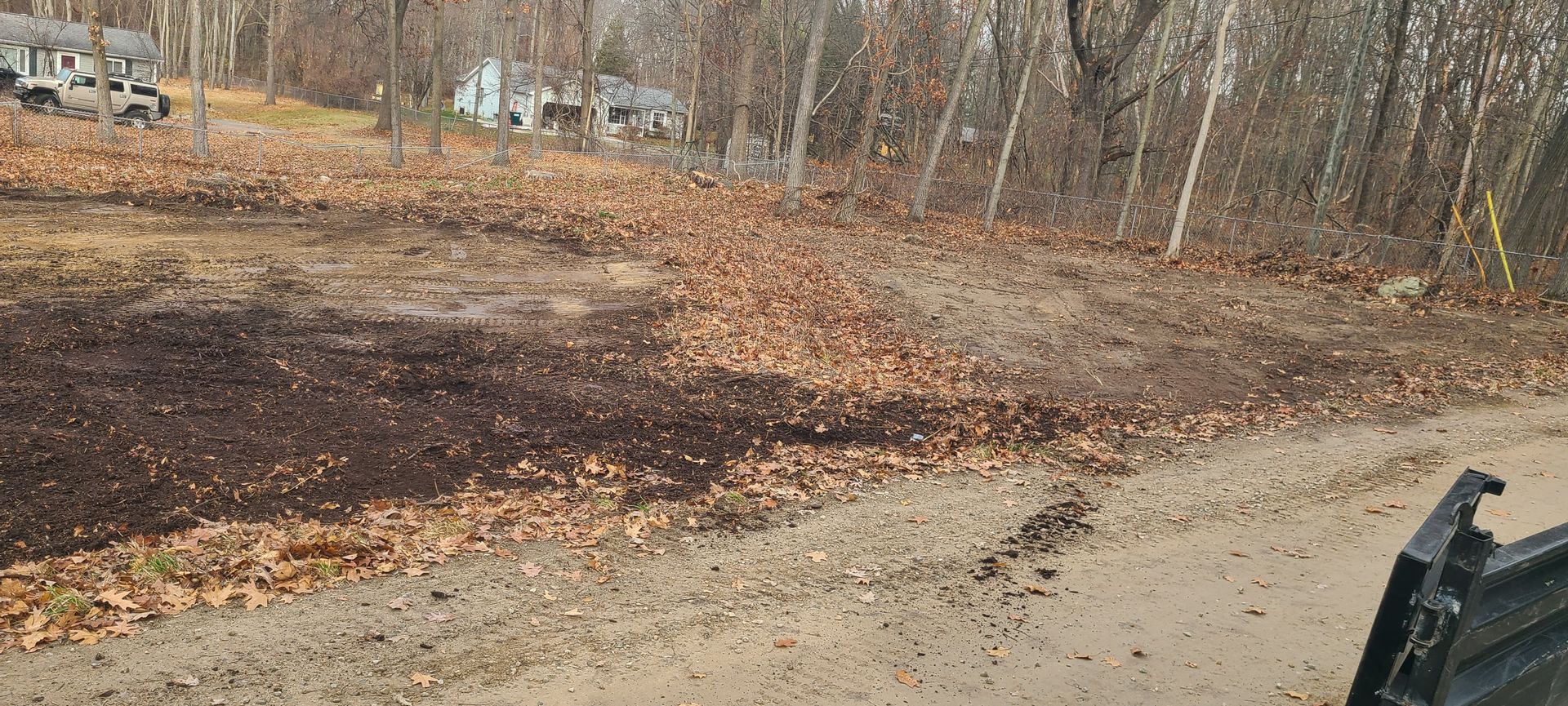 A dirt road with fallen leaves in autumn, leading to a forested area and houses in the distance.
