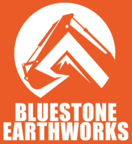 An orange and white logo for bluestone earthworks