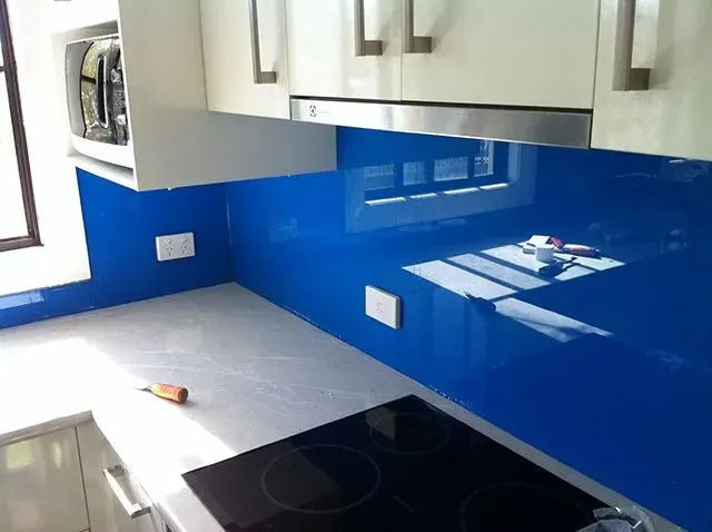 Bright Blue Kitchen Spash Back Glass Tiles — Capitol Glass in Taminda, NSW