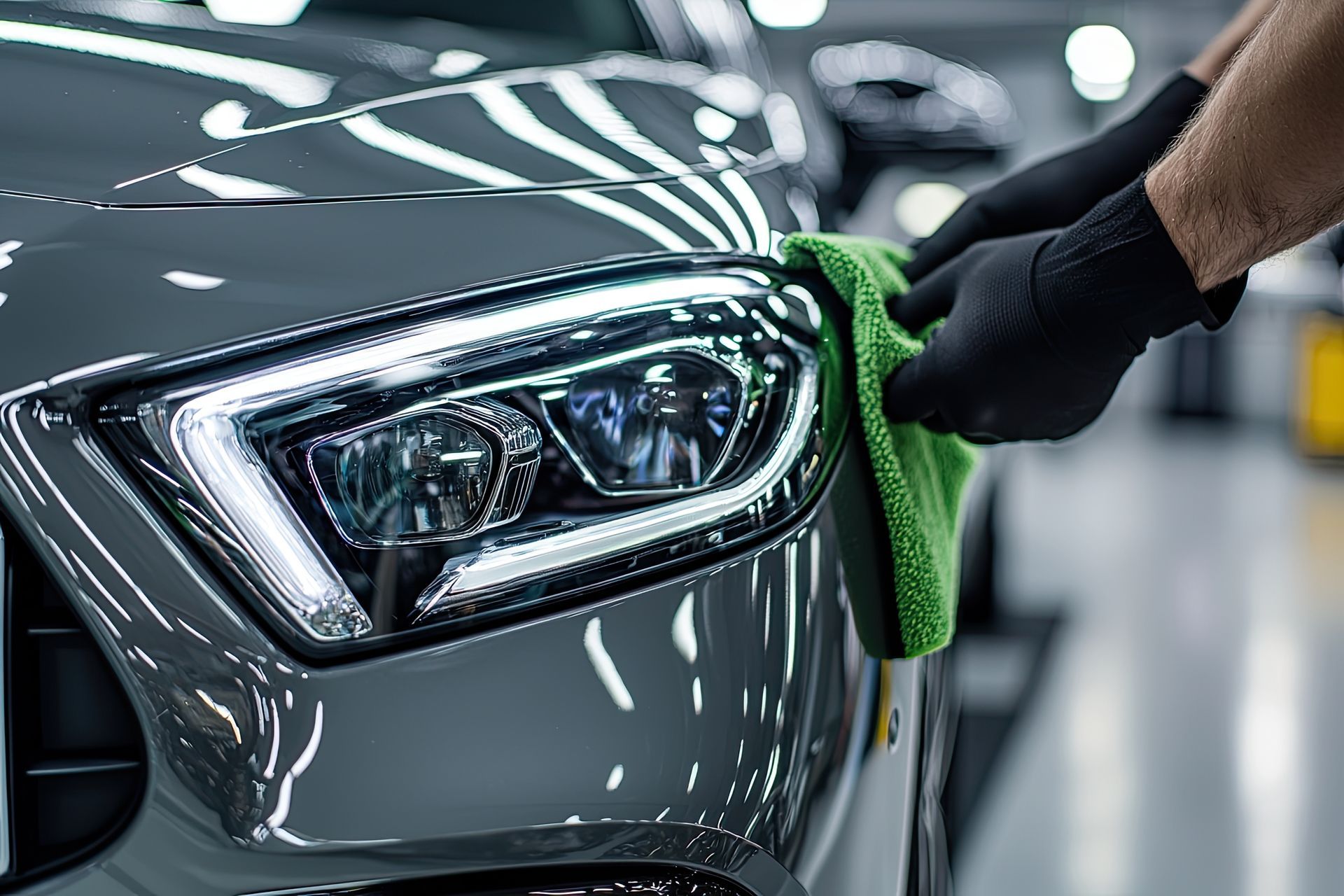 A person is cleaning the headlight of a car with a green towel.