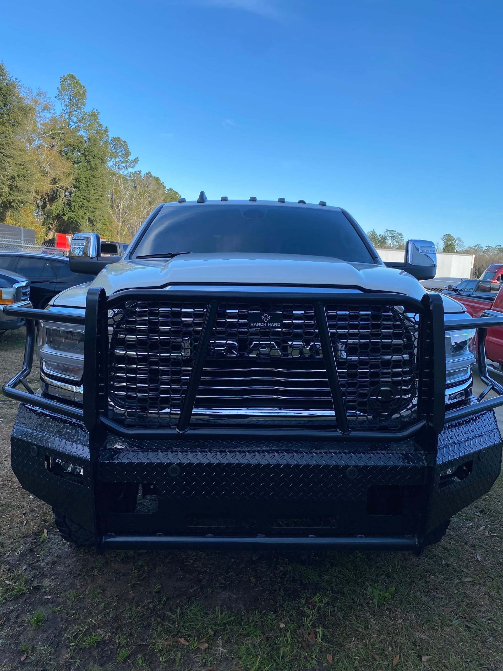 A white ram truck with a black bumper is parked in the grass.
