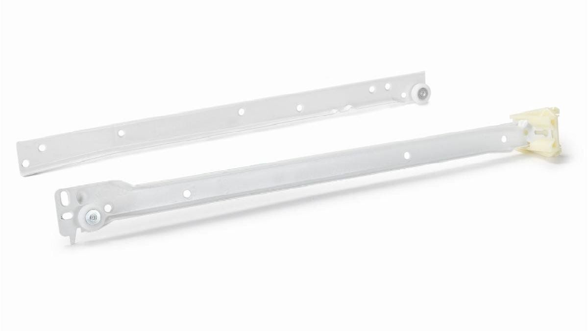 A pair of white drawer slides on a white background.