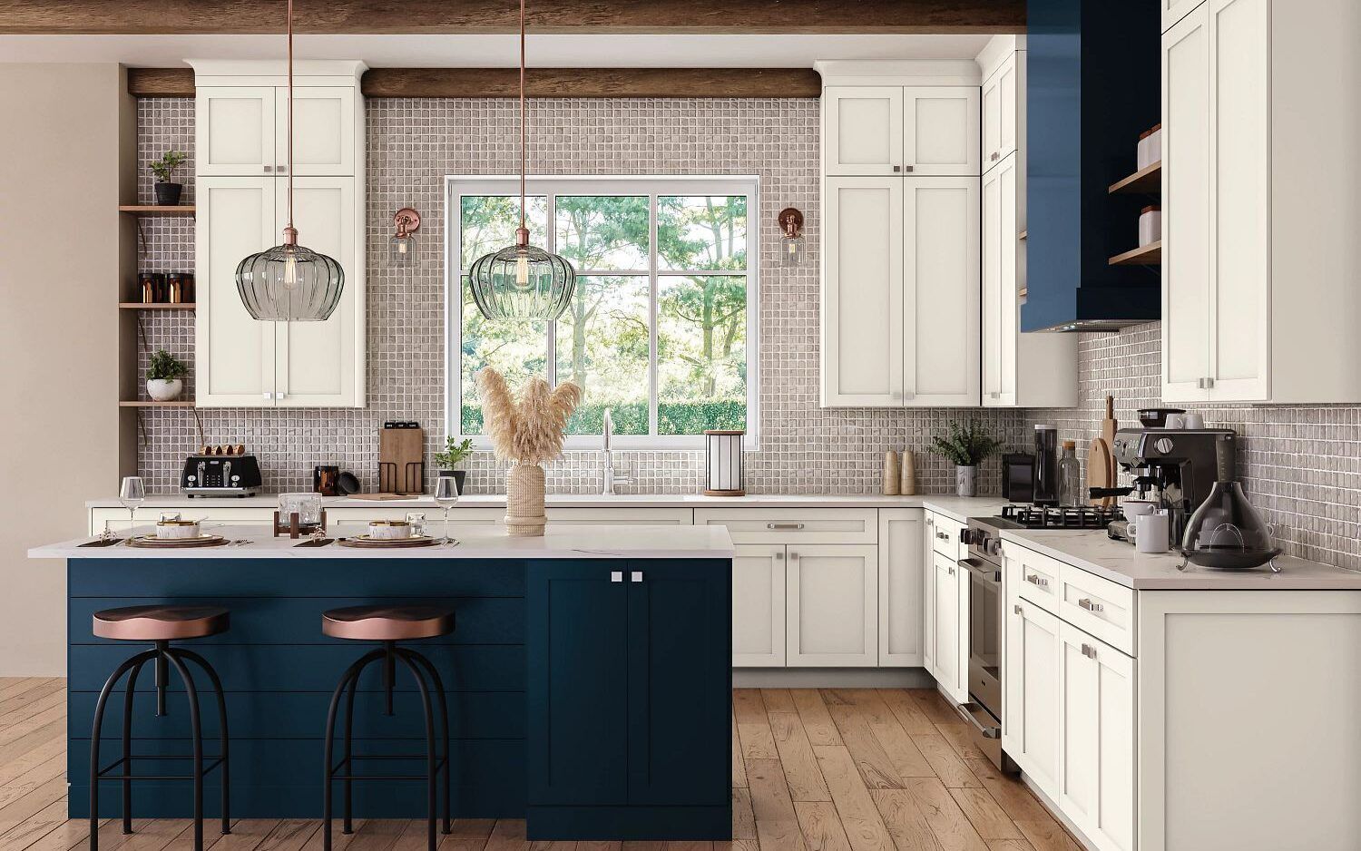 A kitchen with white cabinets , blue cabinets , and a large island.
