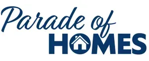 The parade of homes logo is blue and white with a house in the middle.