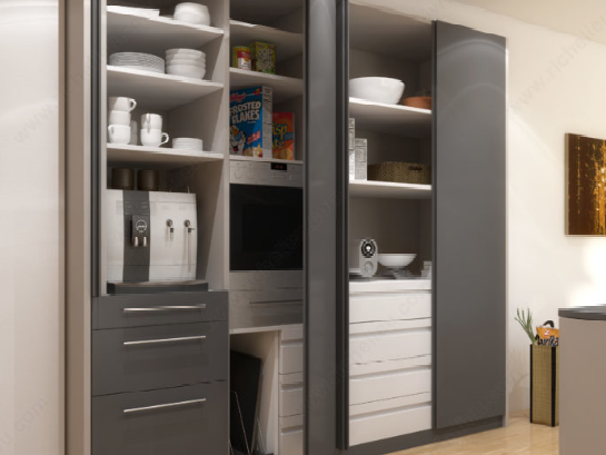 A kitchen with a box of cheerios on the shelves