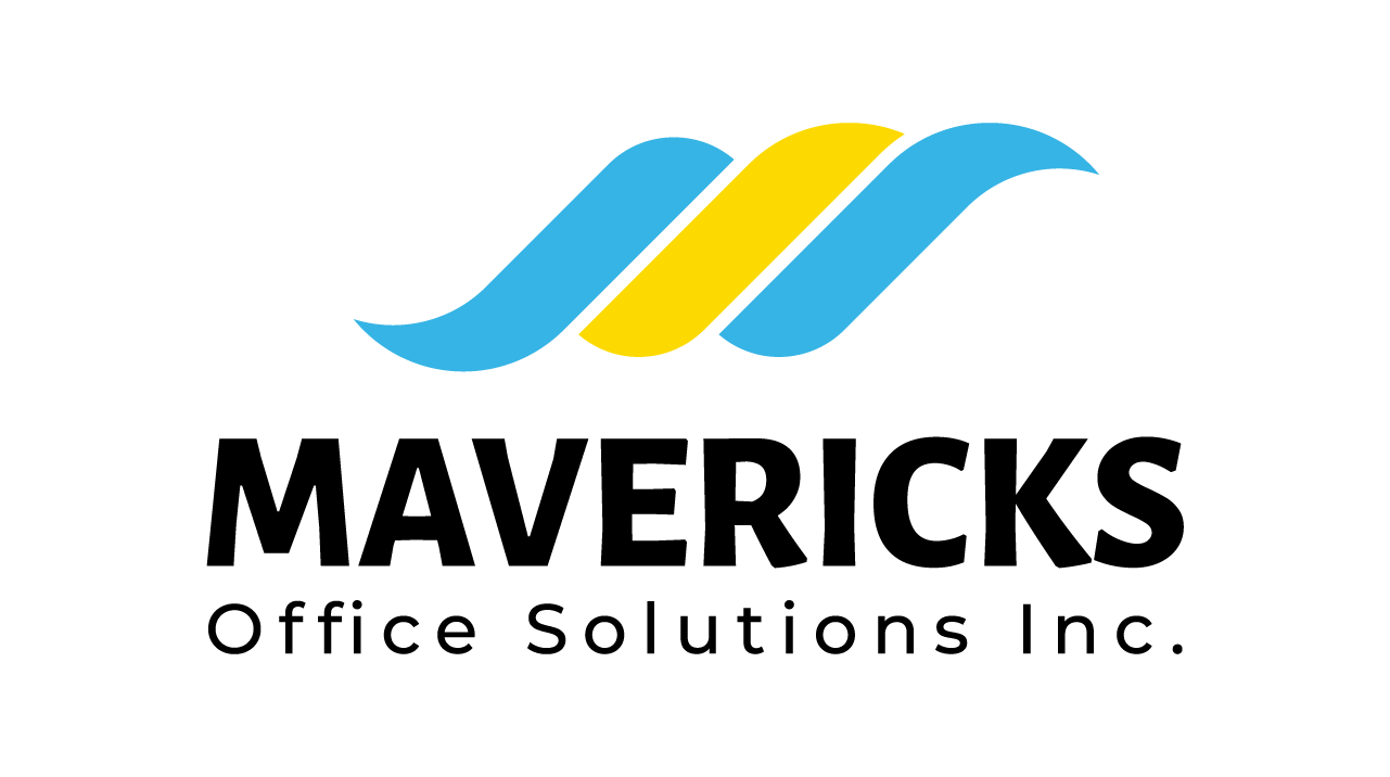 A blue and yellow logo for mavericks office solutions inc.