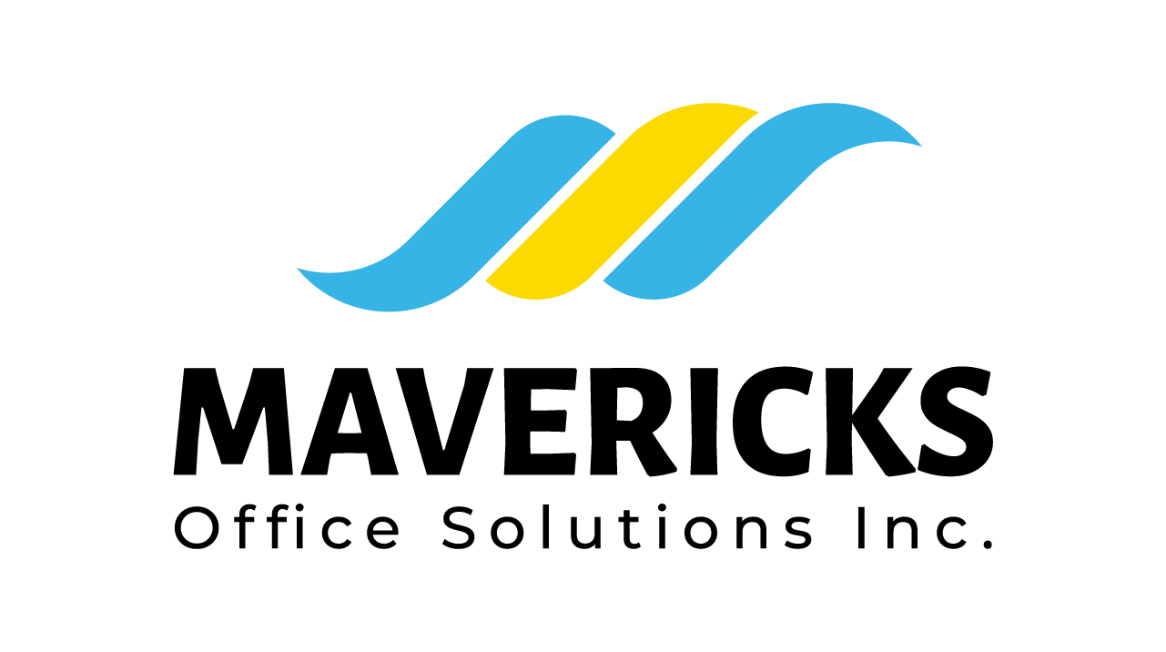 A blue and yellow logo for mavericks office solutions inc.