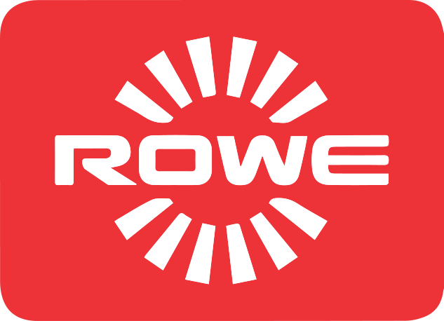 The rowe logo is on a red background