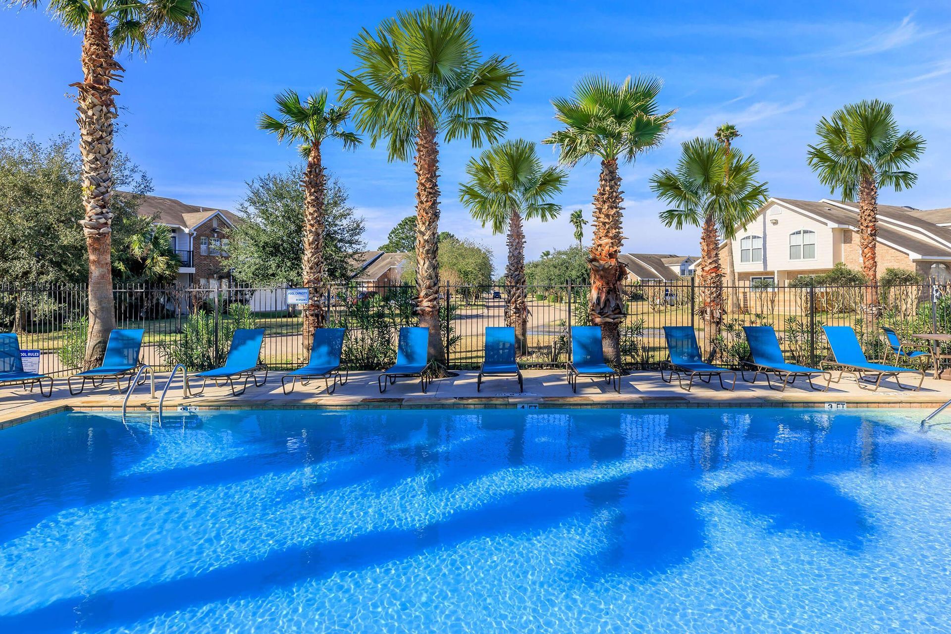 Swimming pool with blue water and lounge chairs. Palm trees and a fence in the background.