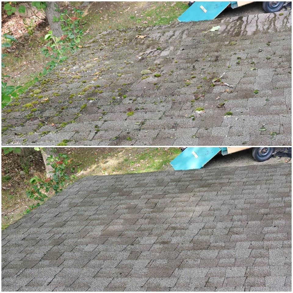 A before and after picture of a roof that has been cleaned.
