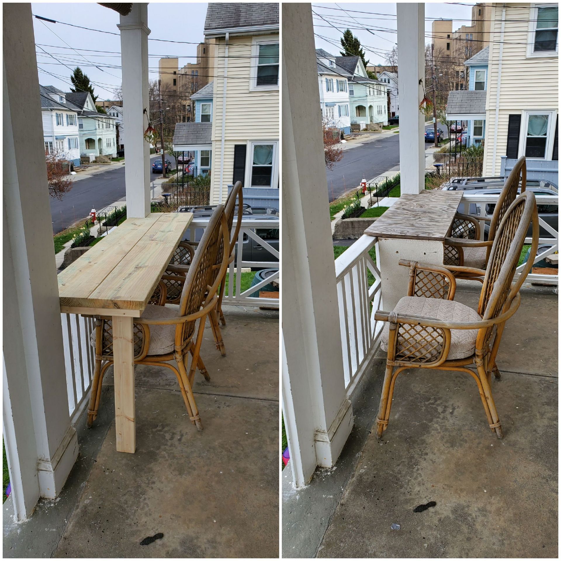 Two pictures of a porch with a table and chairs