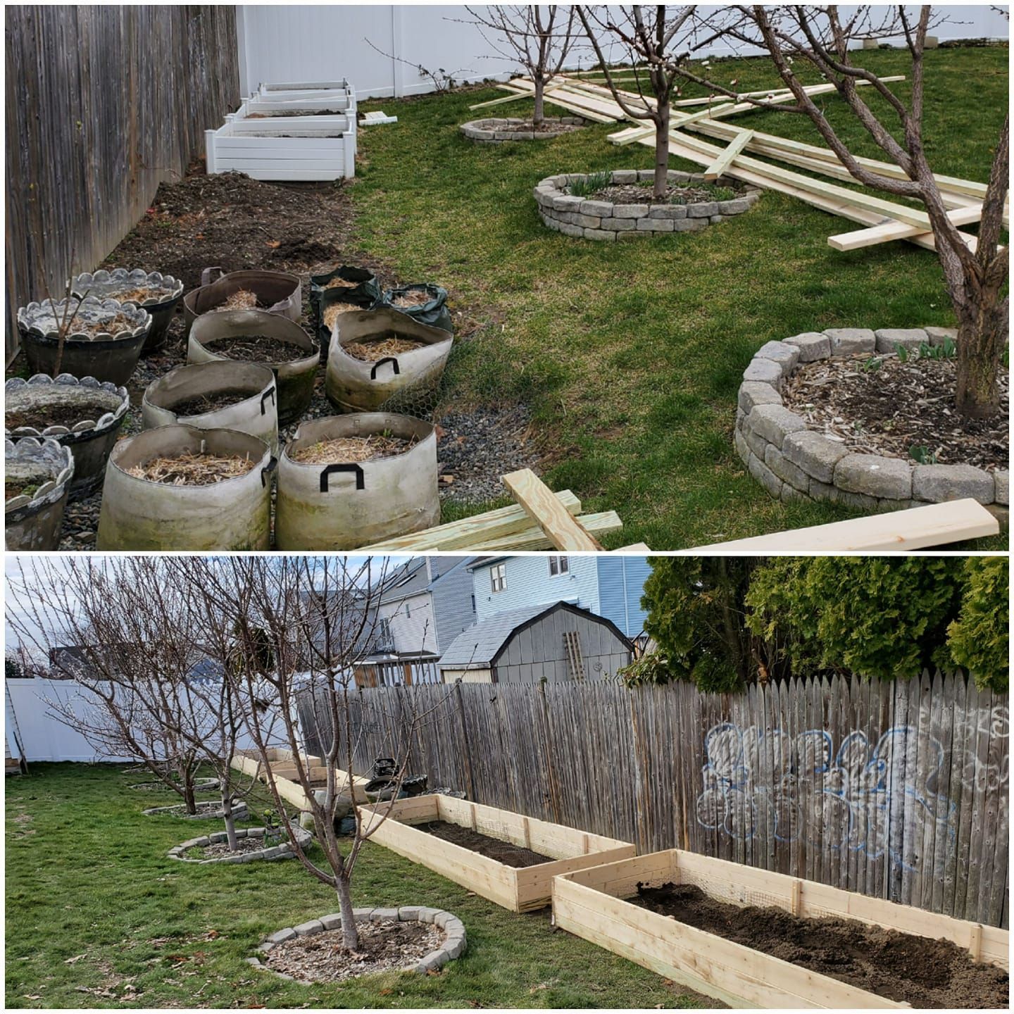 A before and after photo of a garden being built