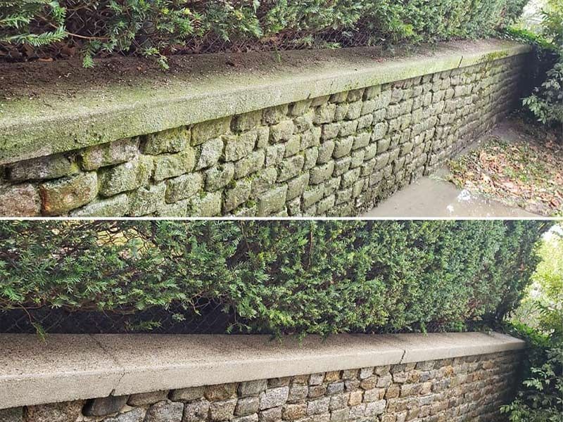 A before and after picture of a stone wall.